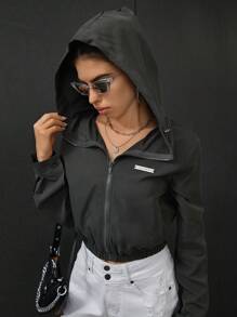 SHEIN EZwear 字母補丁細節拉鏈開襟短款連帽夾克 - 灰色 - 查看 4