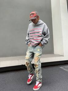 Manfinity Men Ripped Frayed Straight Leg Jeans - Light Wash - View 6