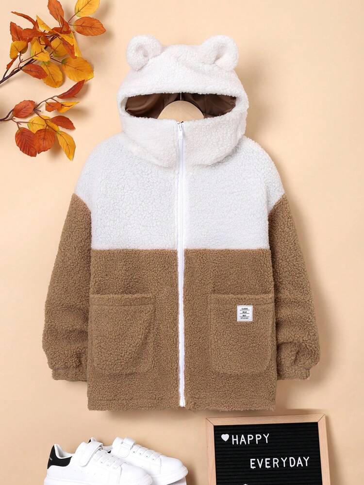 Tween Boy Two Tone Letter Patched Detail Dual Pocket 3D Ears Design Hooded Coat