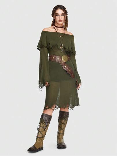 Fairycore Off Shoulder Ruffle Trim Flare Sleeve Sweater Dress Without Belt