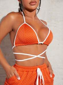 SHEIN SXY 撞色滾邊十字交叉後背繫帶繞頸短上衣&腰部抽繩衛褲 - 橘色 - 查看 6
