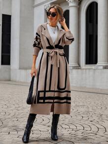 SHEIN Clasi 幾何圖案落肩束帶開衫 - 卡其色 - 查看 1