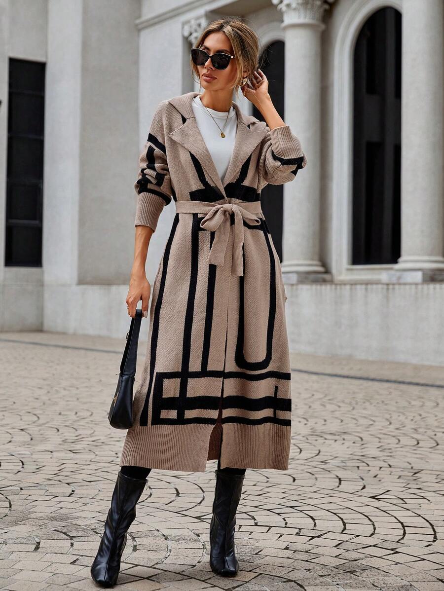 SHEIN Clasi 幾何圖案落肩束帶開衫 - 卡其色 - 查看 1