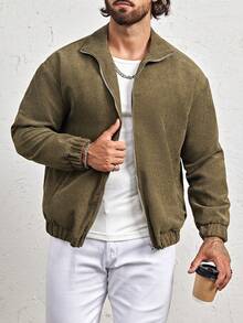 Manfinity Homme Men's Loose Fit Corduroy Zip Up Jacket - Army Green - View 5