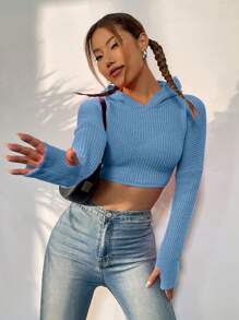 Flirla 素色條紋針織短款連帽套頭毛衣