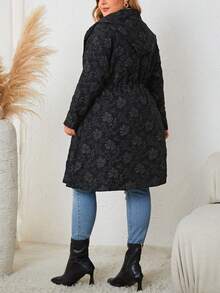Plus Floral Jacquard Drawstring Waist Coat - Black - View 2