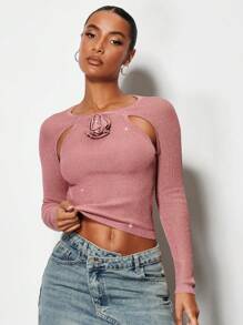 SHEIN BAE 貼花細節前鏤空短款毛衣 - 藕粉色 - 查看 3