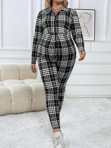 SHEIN Maternity Plus Plaid Print Zip Up Jumpsuit