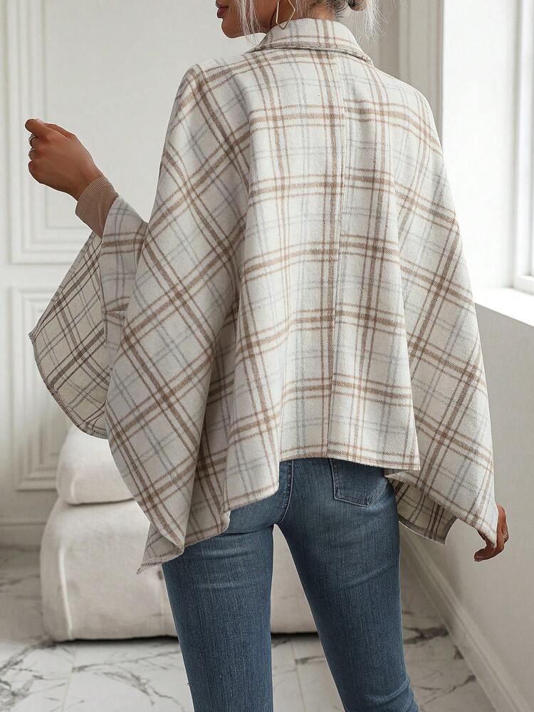 Plaid Print Batwing Sleeve Belted Cape Overcoat Fall Cloth For Women