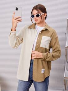 SHEIN 青少年女孩雙色補丁貼口袋落肩袖燈芯絨襯衫 - 卡其色 - 查看 3