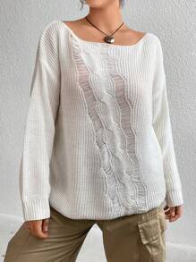 Flirla Pull tricoté à mailles côtelées avec épaules tombantes, pull-over tricoté pour l'automne et l'hiver - Blanc - Voir 3