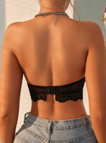 SHEIN Sujetador lencero negro sexy con encaje floral, push up y aros sin tirantes - Negro - Ver 2