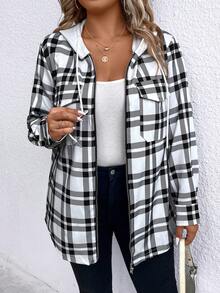 SHEIN LUNE Plus Plaid Print Zip Up Drawstring Hooded Coat - Black and White - View 6