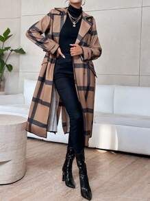SHEIN Privé Plaid Print Lapel Neck Double Breasted Belted Coat - Brown - View 4