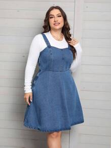 SHEIN Privé Plus Slip Denim Dress Without Tee - Medium Wash - View 1