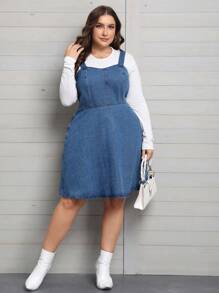 SHEIN Privé Plus Slip Denim Dress Without Tee - Medium Wash - View 3