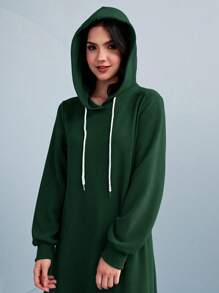 Graceveil Letter Patched Drawstring Hooded Sweatshirt Dress Modest - Dark Green - View 5