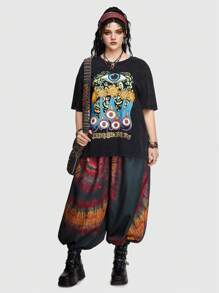 ROMWE Hippie Plus Tie Dye Elastic Waist Lantern Sleeve Pants - Multicolor - View 2