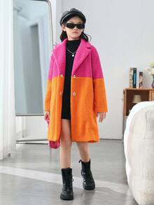 SHEIN Cô gái Tween Hai âm Cổ áo Áo khoác Teddy - Màu Hồng Tươi - Xem 4