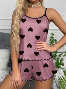 Miss Vinta Heart Print Lettuce Trim PJ Set / Pajama Set - Dusty Pink - View 5