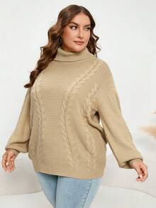 SHEIN LUNE Plus Turtleneck Cable Knit Drop Shoulder Sweater - Khaki - View 6