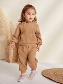 2 件装女婴纯色连帽运动衫和松紧腰运动裤套装 - 卡其色 - 查看 1