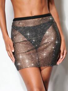 SHEIN BAE 水鑽鉚釘漁網網紗半身裙不帶內褲 - 黑色 - 查看 5