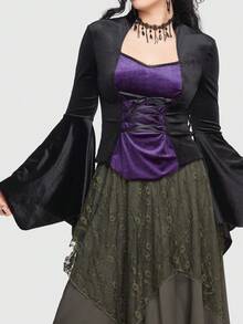 ROMWE Goth Khối màu Lace lên phía trước Tay áo kèn  Áo - màu đen - Xem 7