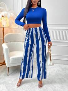 Zolique 素色短款T恤和筆刷圖案闊腿褲 - 藍色 - 查看 4