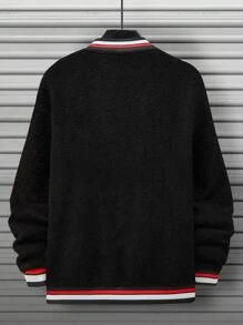 Aesthetic Post--Men Letter Embroidery Striped Trim Teddy Bomber Jacket Without Hoodie - Black - View 2