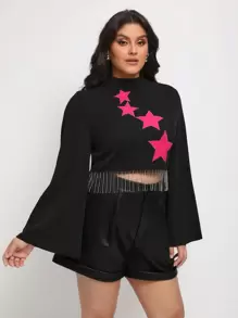 Talisha White Designer Plus Star Print Fringe Hem Tee, Graphic Tees, For Holiday, Vacation, Spring, Festival, Ibiza Fits - Black - View 5