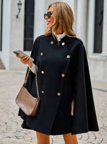 SHEIN Clasi 雙排扣斗篷袖大衣 - 黑色 - 查看 3