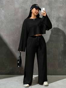 SHEIN EZwear Talla grande Camiseta de hombros caídos & con nudo delantero Pantalones de pierna ancha - Negro - Ver 1