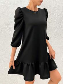 SHEIN Clasi Puff Sleeve Ruffle Hem Smock Dress - Black - View 1