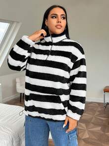 SHEIN EZwear 大碼條紋印花落肩袖絨毛運動衫 - 黑與白 - 查看 4