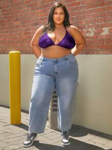 SHEIN CURVE+ Plus Solid PU Leather Halter Top - Purple - View 5