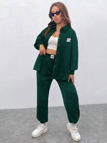 SHEIN EZwear 字母貼片落肩襯衫和運動褲 - 墨綠色 - 查看 5