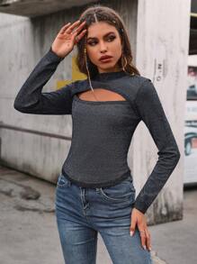 SHEIN LUNE 镂空高领亮片针织套头衫秋冬毛衣 - 銀色 - 查看 3