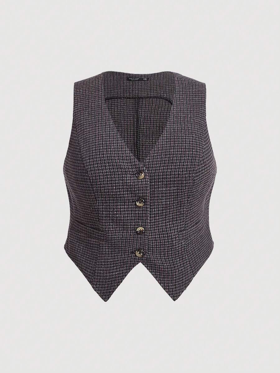 SHEIN MOD 大碼千鳥格印花背心西裝外套 - 黑色 - 查看 1