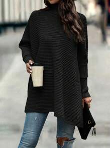 EMERY ROSE Turtleneck Batwing Sleeve Poncho Sweater - Black - View 3