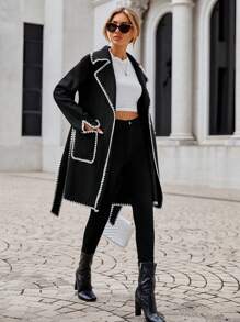 SHEIN Clasi Contrast Binding Lapel Neck Belted Overcoat In Fall/Winter - Black - View 3