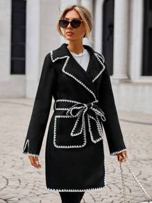 SHEIN Clasi Contrast Binding Lapel Neck Belted Overcoat In Fall/Winter - Black - View 5