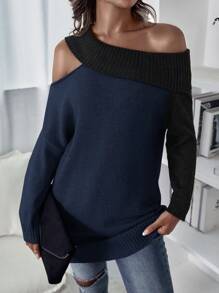 SHEIN LUNE 雙色不對稱領落肩袖套頭毛衣 - 藍色 - 查看 1