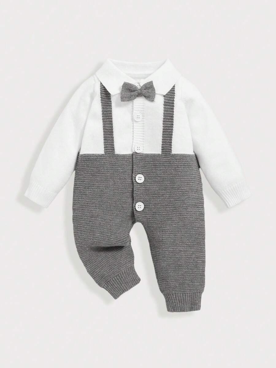 SHEIN Bộ áo liền quần 2 trong 1 cho bé trai cài nút nơ phía trước - Nhiều màu - Xem 1