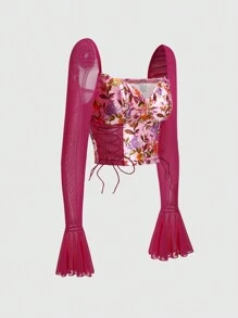 Agustina Correa Studio 印花側邊綁帶荷葉袖短款上衣 - 玫紅色 - 查看 2