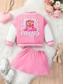 Baby Girl Letter Graphic Bear Doll Decor Bomber Jacket & Pleated Skirt - Pink - View 2