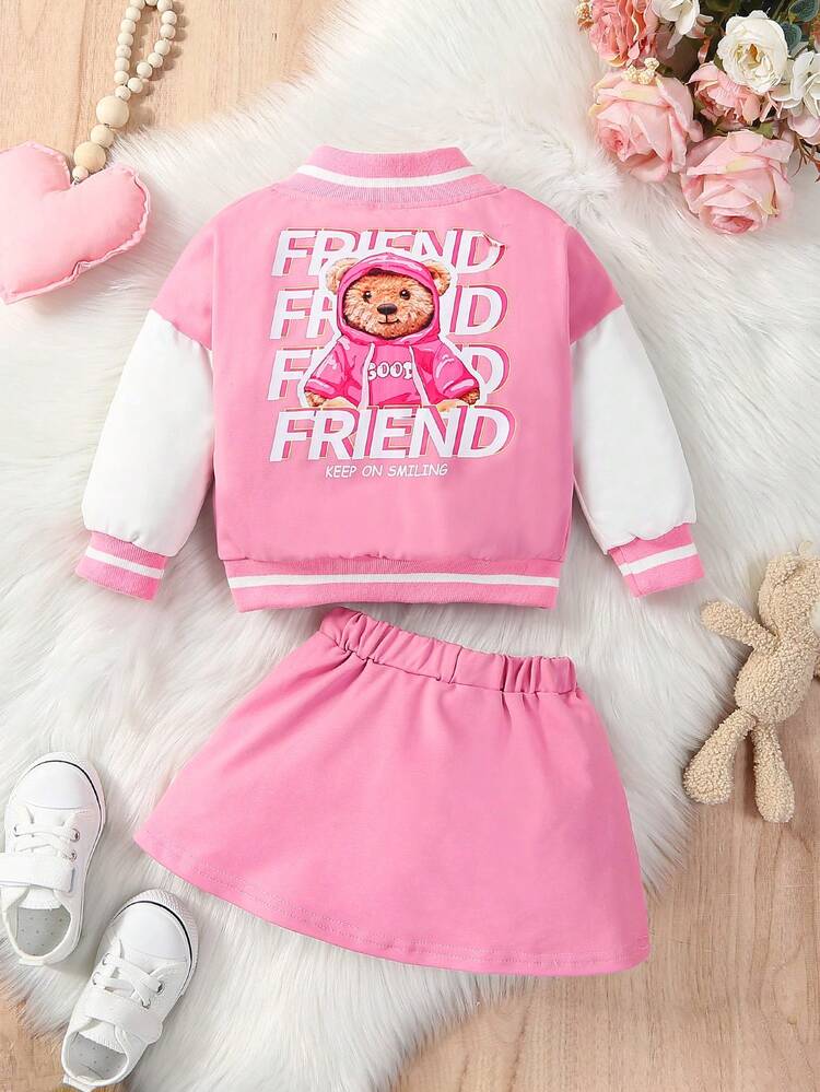 Baby Girl Letter Graphic Bear Doll Decor Bomber Jacket & Pleated Skirt