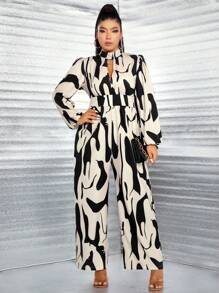 Celure 大碼滿版印花燈籠袖闊腿連體褲 - 卡其色 - 查看 3