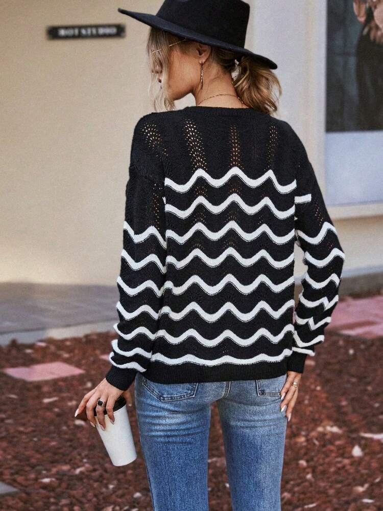 Chevron Pattern Pointelle Knit Drop Shoulder Sweater
