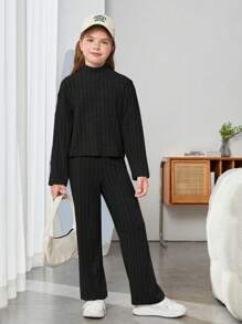 SHEIN Tween Girl Mock Neck Ribbed Knit Tee & Pants - Black - View 5